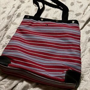 Striped Red and Light Blue Canvas Tote with Black Trim